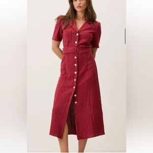 Rouje Red Button-Front Maxi Dress with Belted Waist